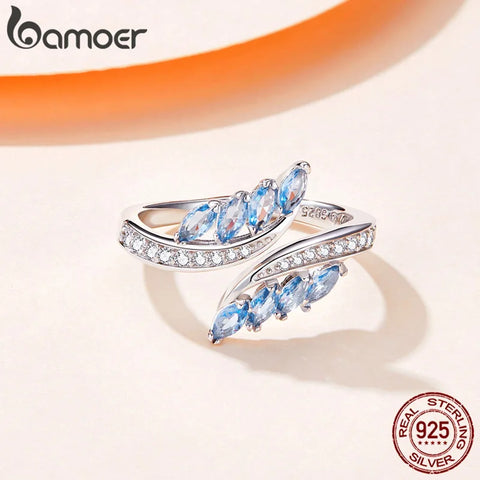 BAMOER 925 Sterling Silver Willow Shape Light Blue CZ Finger Rings for Women Statement Adjustable Ring Elegant Jewelry BSR005