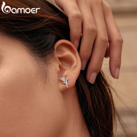 BAMOER Romantic Genuine 925 Sterling Silver Cute Fairy Elevs Exquisite Stud Earrings for Women Luxury Jewelry Making BSE046