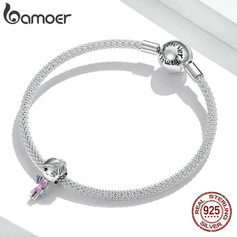 bamoer Cute 925 Sterling Silver Gym Clothes Pink Workout Girl Charm Dumbbells Charm for Bracelet Women Fashion Jewelry BSC488