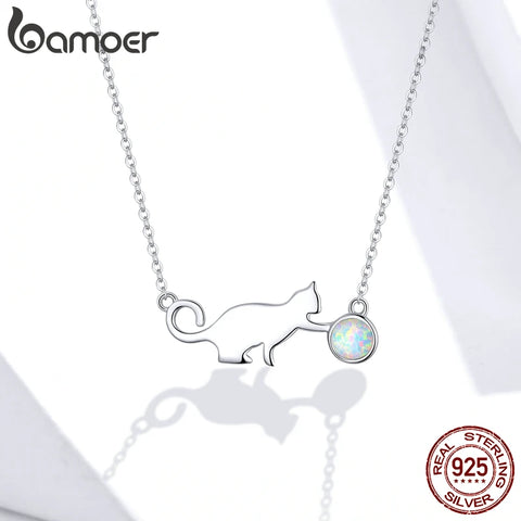 Bamoer 925 Sterling Silver Cute Cat Playing Ball Pendant Necklace Opal Link Chain for Women Girls Gift Jewelry 17.71'' SCN395