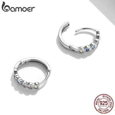 bamoer Heart-Shaped Earrings 925 Sterling Silver Stackable Rainbow Zircon Ear Buckles for Women & Girls Fine Jewelry DIY Gifts