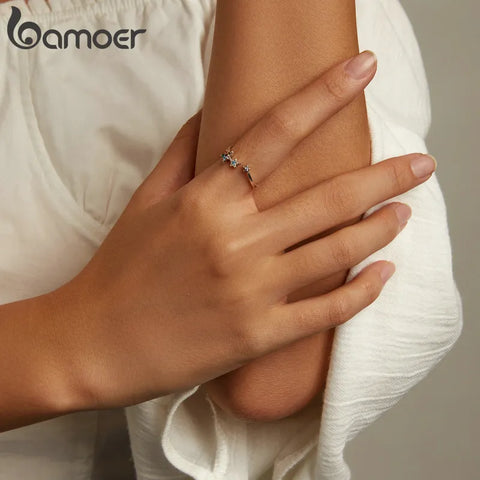 Bamoer Authentic 925 Sterling Silver Rainbow Crystal Star Ring Women Sterling Silver Adjustable Ring Fine Jewelry Wedding Gift