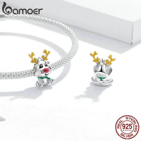 bamoer Cute Reindeer Metal Beads for Women 925 Sterling Plated Silver Charm Jewelry for Bracelet Bangle Christmas Gifts BSC375