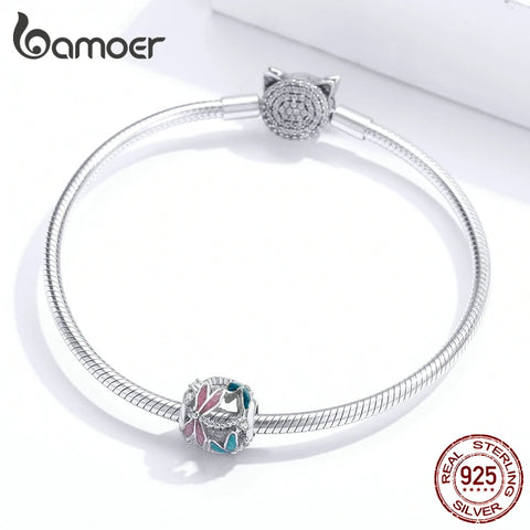 bamoer 925 Sterling Silver Dragonfly Openwork  Round Beads for Jewelry Making Charmf for Original Bracelet Bijoux BSC198