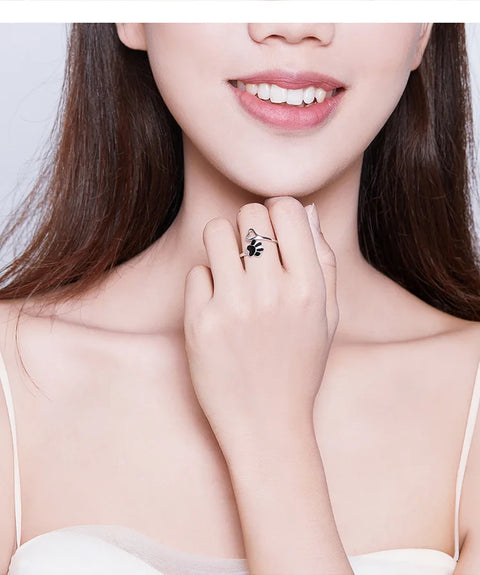 Bamoer 925 Sterling Silver Black Dog Paw Open Ring Zircon Cute Footprint Adjustable Finger Ring for Women Fine Jewelry SCR605