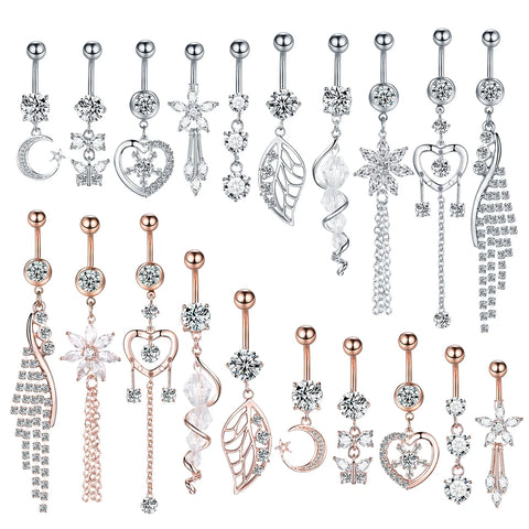1Pc Surgical Steel Crystal Zircon Dangle Belly Button Rings Navel Piercing Rings Belly Rings Body Piercing Jewelry 14G