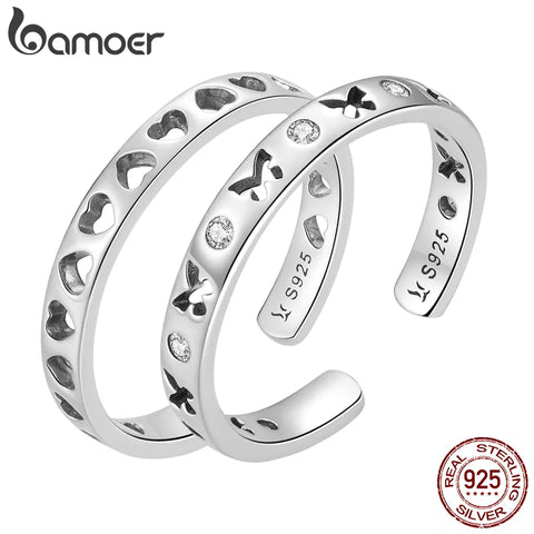 Bamoer Fashion 925 Sterling Silver Hollow Butterfly Adjustable Women Ring Hollow Heart Eternity Ring Fine Jewelry Wedding Gift