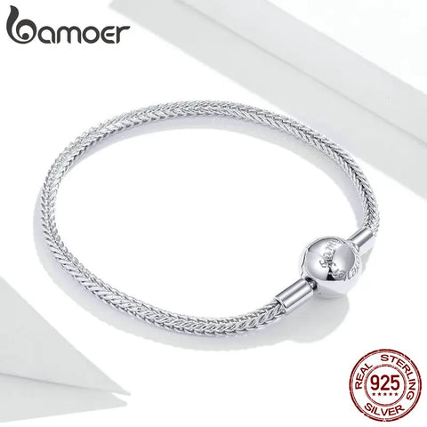 bamoer Authentic 925 Sterling Silver Snake Charm Bracelet with Simple Basic Bracelet Safety Chain DIY Bracelets SCB201
