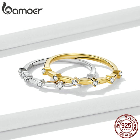 bamoer 925 Sterling Silver Gold Meteor Ring Arrow Stars Rings for Women Orbit Crystal Leaves Lock Chain Mixed Stackable Jewelry