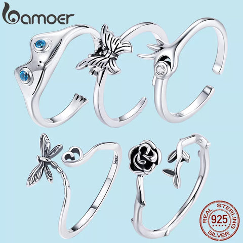 bamoer 925 Sterling Silver Swallowtail Butterfly Ring Frog Dragonfly Ring Rose Ring for Women Anillo Open Ring Jewelry Wedding