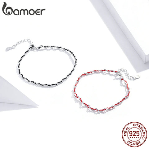 bamoer Black and Red Rope Bracelet with 925 Sterling Silver Beads Chain Bracelets for Women 2020 New Year Gift Friendship SCB173