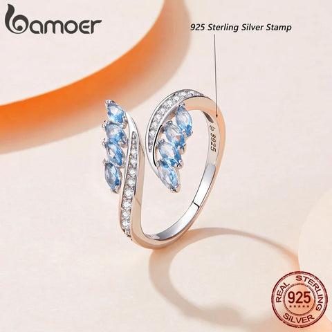BAMOER 925 Sterling Silver Willow Shape Light Blue CZ Finger Rings for Women Statement Adjustable Ring Elegant Jewelry BSR005