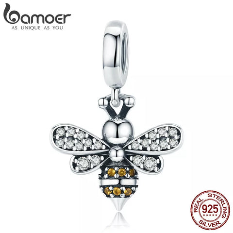 BAMOER Genuine 925 Sterling Silver Crystal Bee Crystal Charm fit Women Charm Bracelets DIY Jewelry Girlfriend Gift SCC821