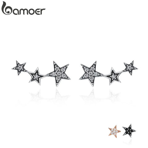 BAMOER Authentic 925 Sterling Silver CZ Exquisite Stackable Star Earrings for Women Jewelry Valentine's Day Gift SCE175