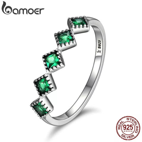 BAMOER High Quality 925 Sterling Silver Stackable Square Green CZ Finger Rings for Women Wedding Engagement Jewelry Gift SCR097