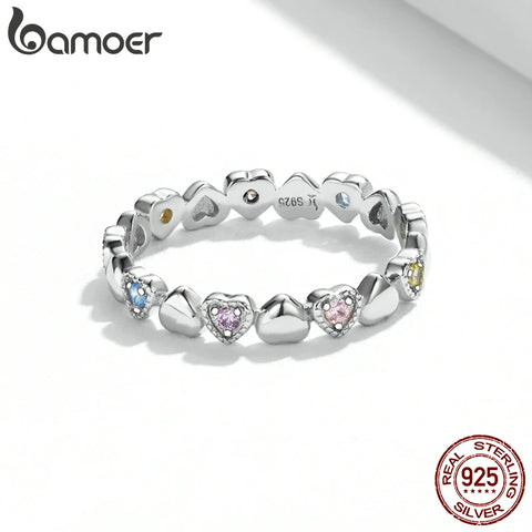 bamoer Silver Sparkling Rainbow Love Rings Heart Crystal 925 Sterling Silver Finger Rings for Women Fine Jewelry Wedding Gift