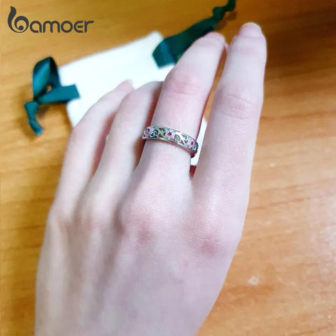 Bamoer Genuine 925 Sterling Silver Secret Garden Finger Ring for Women Wedding Band Engagement Statement Jewelry BSR132