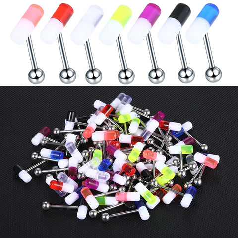 70Pcs/set Mix Color Capsule Tongue Rings Acrylic Pill Tongue Piercing Surgical Steel Tongue Ring Bars Barbell Piercing 14G