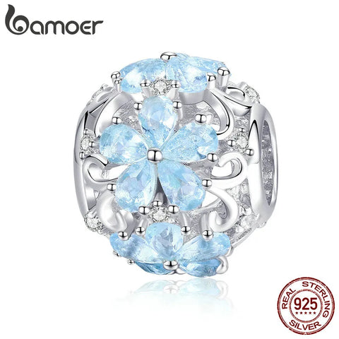 BAMOER Winter Collection 925 Sterling Silver Elegant Snowflake Beads Light Blue CZ Charms fit Charm Bracelets DIY Jewelry SCC941