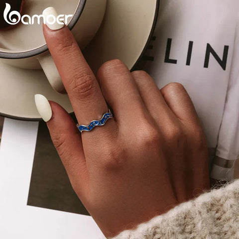 bamoer Sterling Silver 925 Lover Rings for Couple Blue Starry Sky of Van Gogh Open Finger Ring Design Jewelry Accessories SCR608