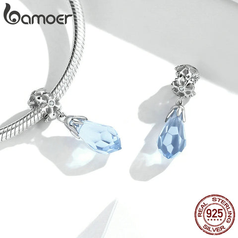 bamoer 925 Sterling Silver Blue Snowflake Spacer Charm Frozen Ice Crystal Opal Sun Pendant for Bracelet Women Fashion Jewelry