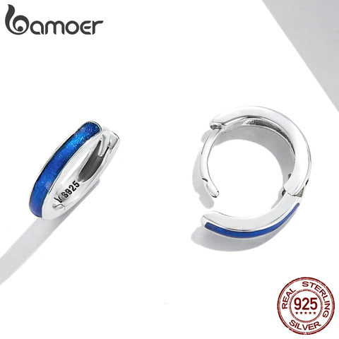 Bamoer New Trendy 925 Sterling Silver Simple Klein Blue Ear Buckles for Women Classic Hoop Earrings Fine Jewelry Party Gift