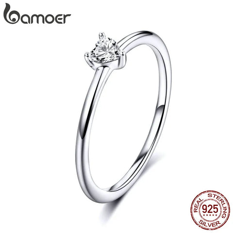 BAMOER HOT SALE 925 Sterling Silver Heart Clear CZ Simple Finger Rings for Women Engagement Wedding Statement Jewelry  SCR498
