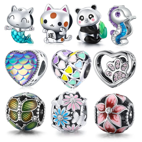 bamoer 925 Sterling Silver Kitty Mermaid Charm Blue Enamel Bead Pendant for Original Bracelet Bangle DIY Making for Girl SCC1852