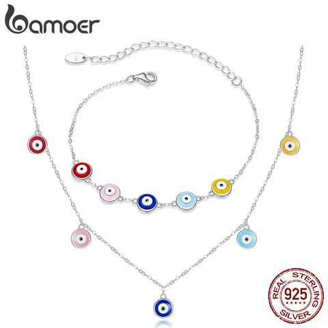 bamoer Authentic 925 Sterling Silver Guardian Eye Bracelet Multiple Devil Eyes Bead Necklace Chain for Women Fine Jewelry SCB218