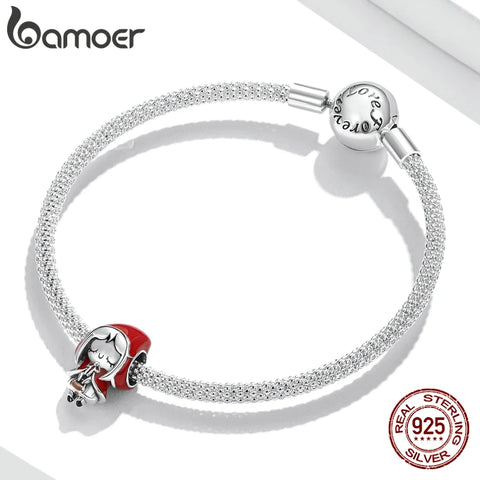 bamoer 925 Sterling Silver Fairy Tale Charm Little Red Riding Hood Forest Love Candle House Wolf Charm for Original Bracelet DIY