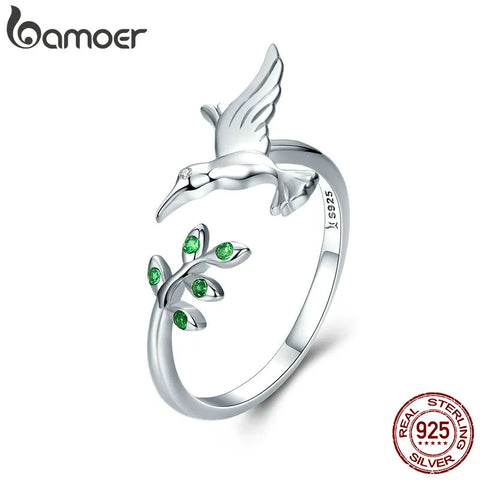 Bamoer 925 Sterling Silver Spring Tree Leaves & Bird Open Ring Green Zircon Adjustable Finger Ring for Women Fine Jewelry SCR323