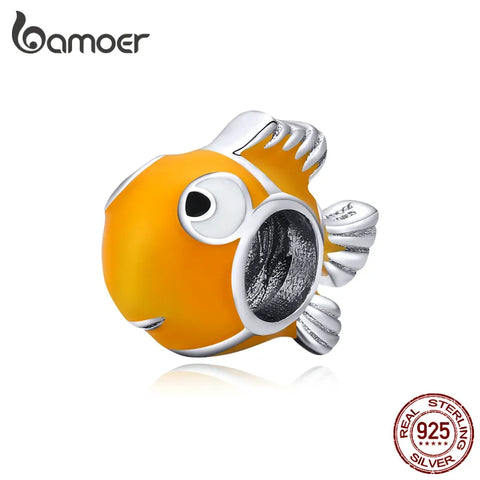 bamoer Genuine 925 Sterling Silver Yellow Enamel Clownfish Metal Charm for Original Silver Bracelet Bangle DIY Jewelry BSC206