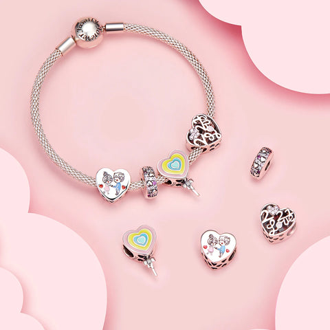 bamoer Shining Heart Lovers Metal Beads Sterling Silver 925 Charm for Original Bracelet DIY Jewelry Valentine's Day Gifts
