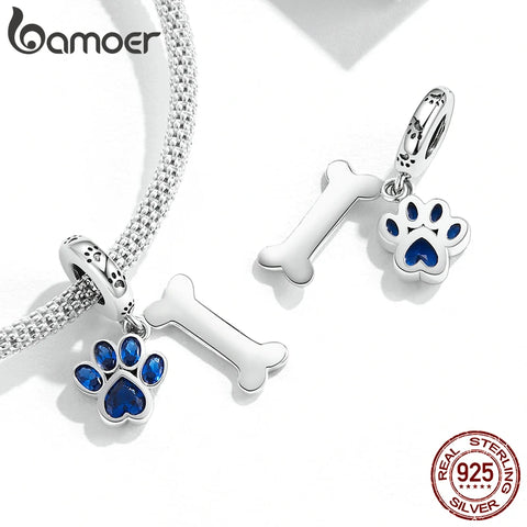 Bamoer 925 Sterling Silver Dog Paw & Bone Pendant Fit for DIY Making Bracelet or Bangle Blue Zirconium Paw Charms Fine Jewelry