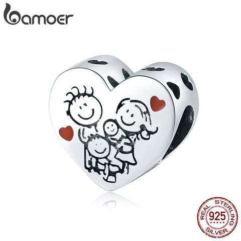 bamoer Authentic 925 Sterling Silver Love Family Heart Metal Beads for Jewelry Making Silver Charm fit Original Bracelet BSC237