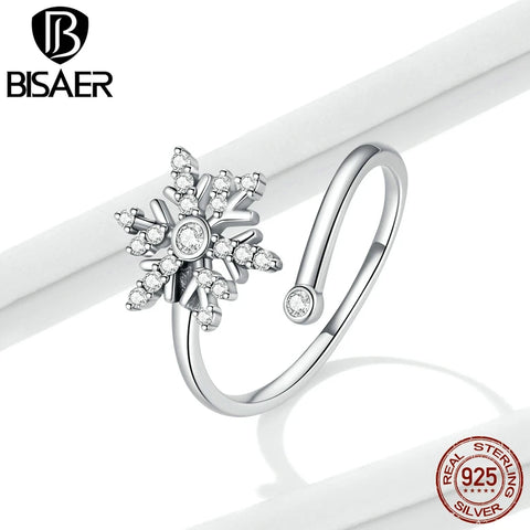 BISAER Authentic 925 Sterling Silver Snowflake Jewelry Set Sparkling Zircon Earrings Open Ring For Women Wedding Party Gift