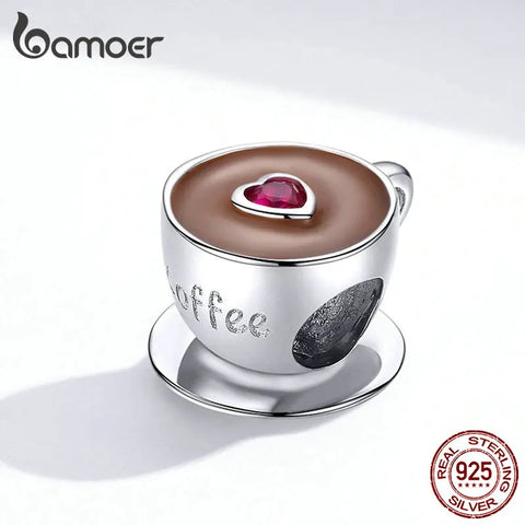 bamoer Coffee Cup Metal Beads for Women European Charm Bracelet 925 Sterling Silver Enamel Fashion Charms Jewelry SCC1286