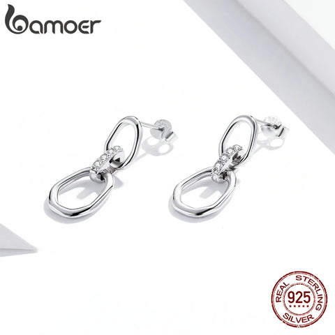 bamoer Geometric Necklace Earring Buckles 925 Sterling Silver Double Button Simple CZ Jewelry  for Women Fine Jewelry SCE1016
