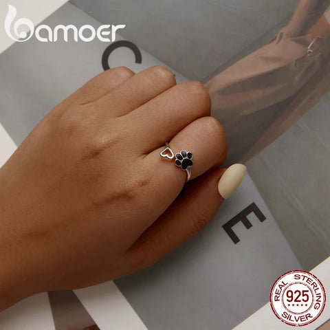 bamoer Authentic Sterling Silver 925 Black Enamel Dog Paw Heart Adjustable Finger Rings for Women  Jewelry Accessories SCR584