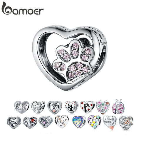 BAMOER 925 Sterling Silver Heart-shape Collection Charms Cat Love Paw Footprints Charms fit for Charm Bracelet Fine Jewelry