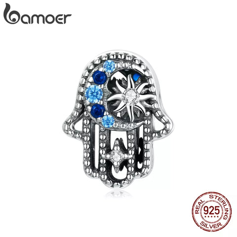 bamoer 100% 925 Sterling Silver Genuine Lucky Hand Blue CZ Star Moon Charm for Original Bracelet Bangle Women DIY Jewelry BSC440