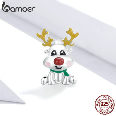 bamoer Cute Reindeer Metal Beads for Women 925 Sterling Plated Silver Charm Jewelry for Bracelet Bangle Christmas Gifts BSC375