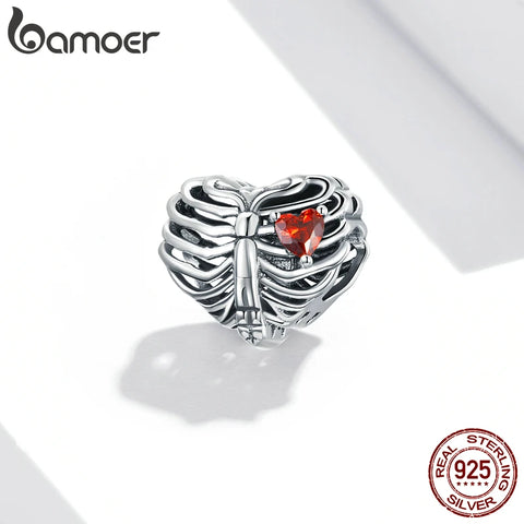 bamoer 925 Sterling Silver  Beating Heart Beads Bids Red Heart Charm fit for Original Bracelet  Bangle Making DIY  SCC1764