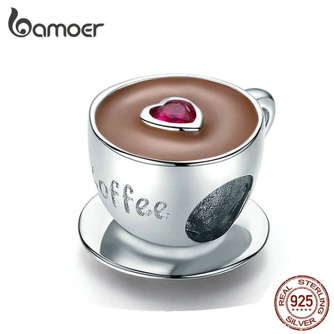 bamoer Coffee Cup Metal Beads for Women European Charm Bracelet 925 Sterling Silver Enamel Fashion Charms Jewelry SCC1286