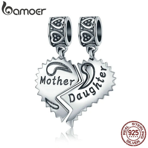 BAMOER 100% 925 Sterling Silver Mother and Daughter Love Forever Pendant Charms fit Bracelets Necklace Jewelry Making SCC427