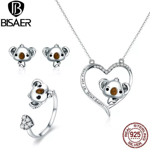 BISAER Real 925 Sterling Silver Jewelry Sets Koala Bear Mom Love Heart Necklace Rings Set Women Jewelry Set Silver 925 Jewelry