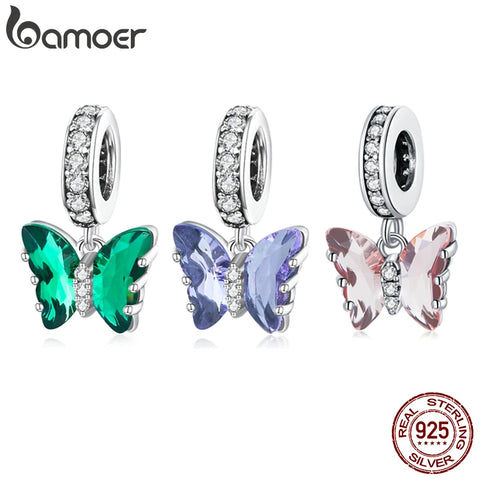 bamoer Authentic Butterfly Dream Pink Zircon 925 Sterling Silver Charm Pendant for Women Bracelet Bangle Necklace Jewelry BSC423