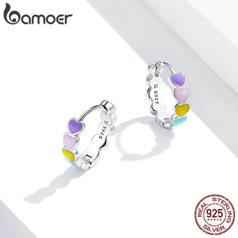 Bamoer 925 Sterling Silver Rainbow Series Heart to Heart Ring & Earrings Jewelry Set for Women Fine Jewelry Gift