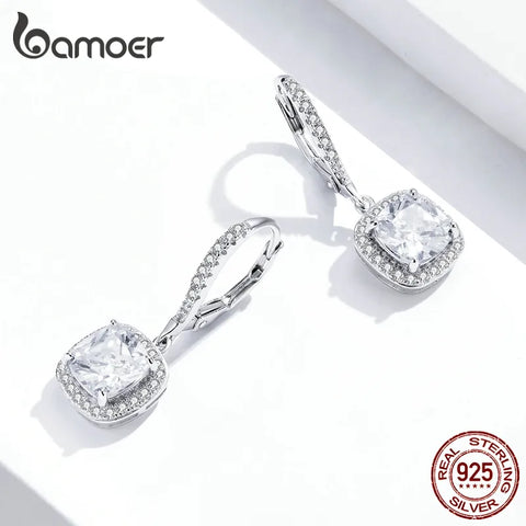 BAMOER Authentic 925 Sterling Silver Dazzling CZ Square Geometric Drop Earrings for Women 14K Gold Plated Wedding Jewelry SCE520