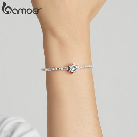 bamoer 925 Sterling Silver Moonstone Snowflake Bead Charm Snowflake Love Pendant for Original Bracelet Bangle Women Fine Jewelry